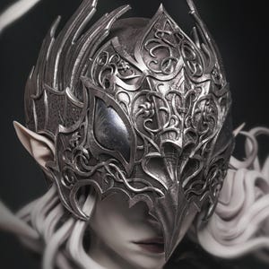 Könnte beinhalten: Eine detaillierte, silberfarbene Fantasy-Maske mit komplizierten, wirbelnden Mustern und spitzen Kanten. Die Maske bedeckt das obere Gesicht, mit einem schnabelartigen Design und länglichen Ohrdetails. Langes, fließendes weißes Haar umrahmt das Gesicht.