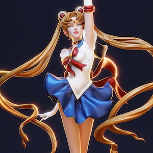 Peut inclure: Figurine détaillée d'un personnage vêtu d'un haut blanc avec un nœud rouge, d'une jupe bleue et de longs cheveux blonds. La figurine est posée avec un bras levé, et l'esthétique générale est inspirée des dessins animés.