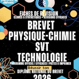May include: A black educational poster with white text promoting the Brevet exam in Physics-Chemistry, SVT, and Technology. The poster includes the text "Fiches de Revision" and "Réussir ton Diplôme National du Brevet 2026."