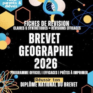 Peut inclure: Une affiche noire avec du texte blanc annonçant un examen de géographie pour 2026. L'affiche comprend le texte "BREVET GEOGRAPHIE 2026" et d'autres textes en français, ainsi que des formes géométriques colorées.