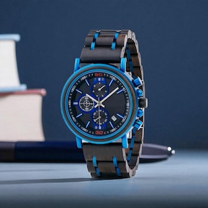 Personalized Blue Chronograph Wooden Watch: Engraved Eco-Friendly Gift