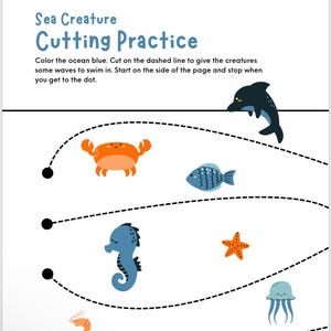 Puede incluir: Una hoja de trabajo blanca titulada "Sea Creature Cutting Practice" con instrucciones. Presenta ilustraciones de criaturas marinas, incluyendo un cangrejo, un pez, un caballito de mar, una estrella de mar, un camar&oacute;n, una medusa y un delf&iacute;n. L&iacute;neas discontinuas gu&iacute;an el corte.