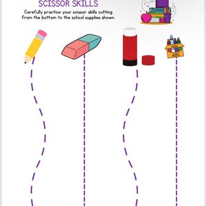Puede incluir: Una hoja de trabajo blanca con el texto "SCISSOR SKILLS" e ilustraciones de &uacute;tiles escolares. La hoja de trabajo incluye l&iacute;neas punteadas para practicar el corte, con un l&aacute;piz, una goma de borrar, una barra de pegamento y una caja de crayones.