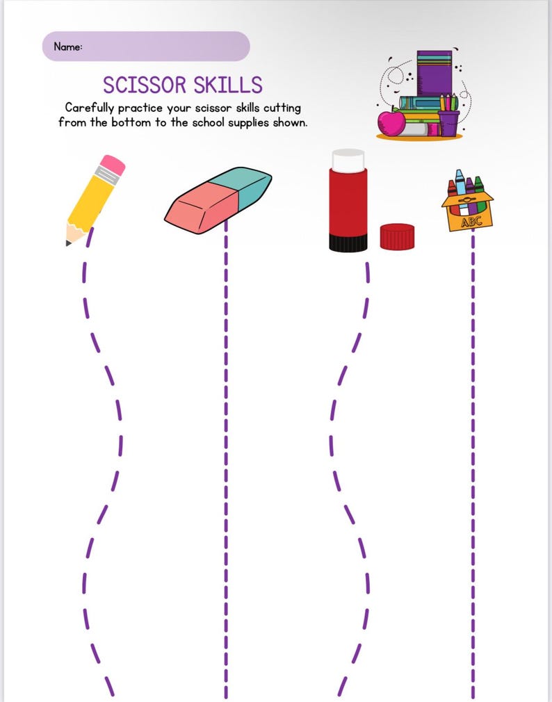Puede incluir: Una hoja de trabajo blanca con el texto "SCISSOR SKILLS" e ilustraciones de &uacute;tiles escolares. La hoja de trabajo incluye l&iacute;neas punteadas para practicar el corte, con un l&aacute;piz, una goma de borrar, una barra de pegamento y una caja de crayones.