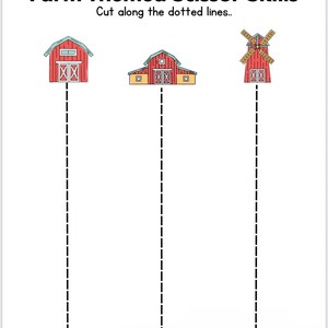 Puede incluir: Una p&aacute;gina blanca con el texto "Farm Themed Scissor Skills" y "Cut along the dotted lines..". La p&aacute;gina presenta tres edificios de granja: un granero rojo, un granero amarillo y un molino de viento rojo, cada uno con una l&iacute;nea punteada debajo.