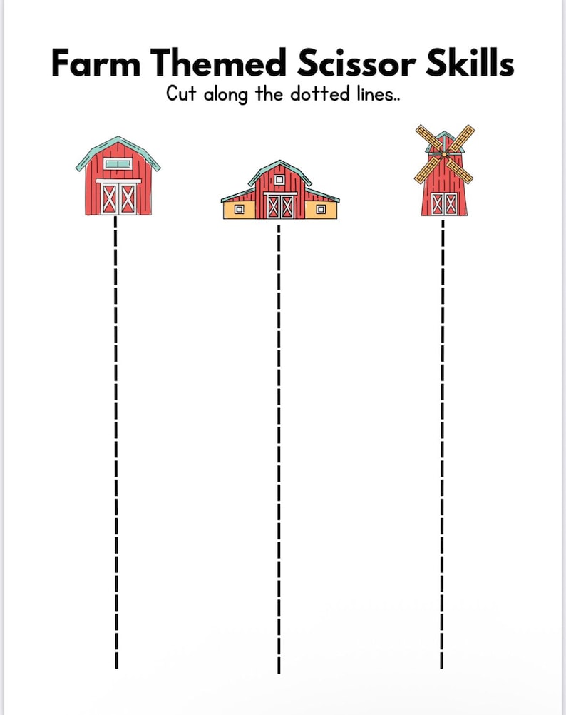 Puede incluir: Una p&aacute;gina blanca con el texto "Farm Themed Scissor Skills" y "Cut along the dotted lines..". La p&aacute;gina presenta tres edificios de granja: un granero rojo, un granero amarillo y un molino de viento rojo, cada uno con una l&iacute;nea punteada debajo.