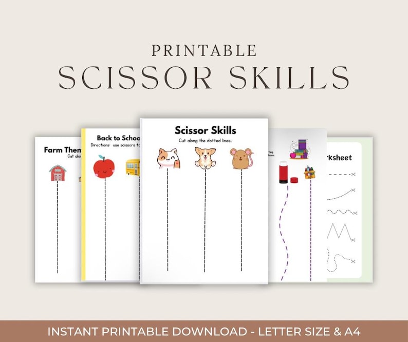 Puede incluir: Un conjunto de hojas de trabajo imprimibles de habilidades con tijeras. Las hojas de trabajo presentan ilustraciones de una granja, una manzana, un autob&uacute;s escolar y animales lindos. El texto "PRINTABLE SCISSOR SKILLS" est&aacute; en la parte superior.