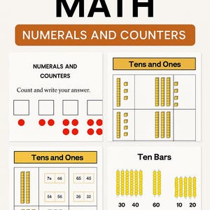 May include: Montessori Math printable featuring numerals and counters, tens and ones, and place value exercises. Includes counting activities with red dots and number problems. Educational material for early math skills.