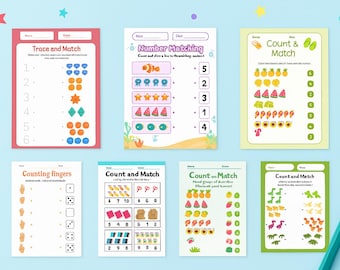 Juego de emparejar números: Hojas de trabajo de matemáticas para preescolar (Descarga digital)