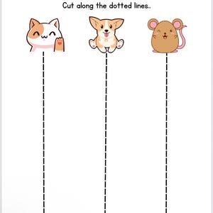 Puede incluir: Un papel blanco con el texto "Scissor Skills" y "Cut along the dotted lines." presenta tres animales de dibujos animados: un gato, un perro y un rat&oacute;n. Cada animal tiene una l&iacute;nea punteada para practicar el corte.