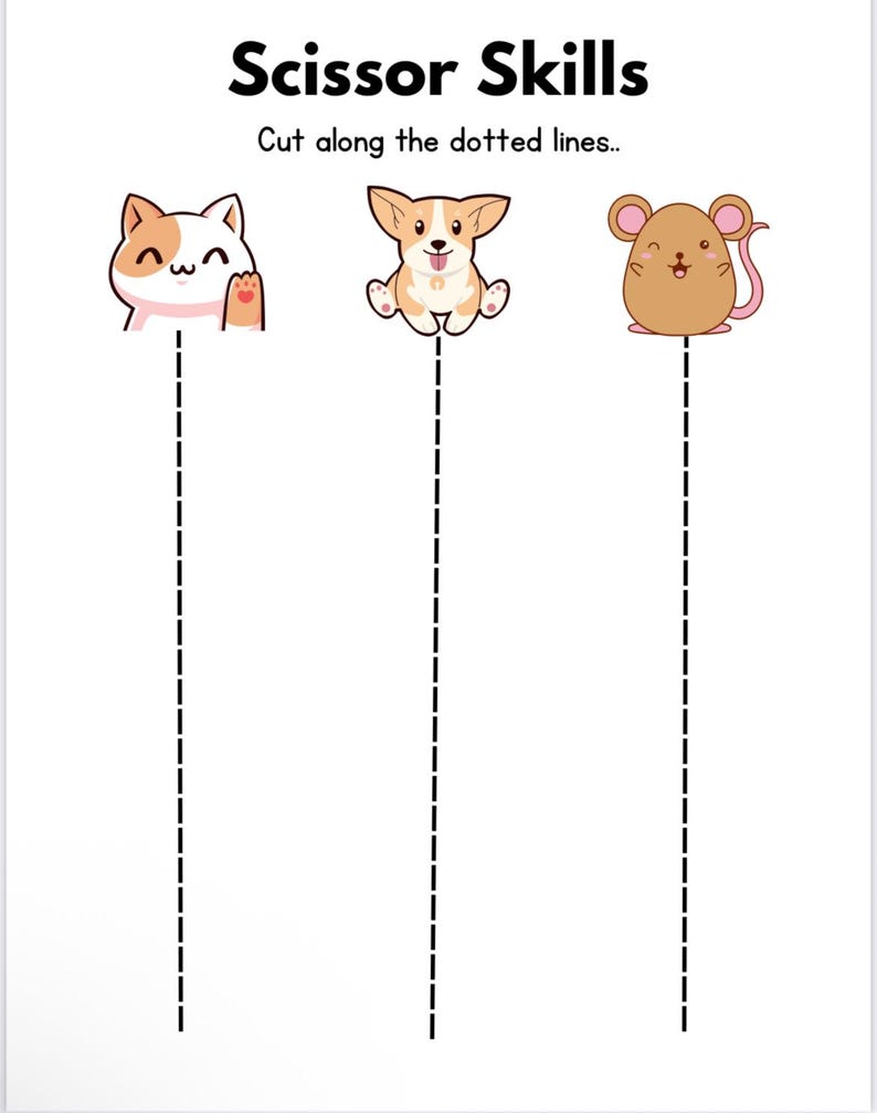 Puede incluir: Un papel blanco con el texto "Scissor Skills" y "Cut along the dotted lines." presenta tres animales de dibujos animados: un gato, un perro y un rat&oacute;n. Cada animal tiene una l&iacute;nea punteada para practicar el corte.