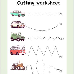 Puede incluir: Una hoja de trabajo de corte para ni&ntilde;os con ilustraciones de un coche turquesa, un coche crema, un jeep verde, un autob&uacute;s rojo y un tractor amarillo. Cada veh&iacute;culo est&aacute; emparejado con una l&iacute;nea de puntos y tijeras. El texto "Cutting worksheet" est&aacute; en la parte superior.