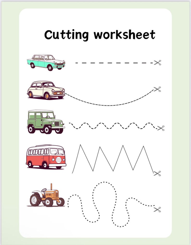 Puede incluir: Una hoja de trabajo de corte para ni&ntilde;os con ilustraciones de un coche turquesa, un coche crema, un jeep verde, un autob&uacute;s rojo y un tractor amarillo. Cada veh&iacute;culo est&aacute; emparejado con una l&iacute;nea de puntos y tijeras. El texto "Cutting worksheet" est&aacute; en la parte superior.
