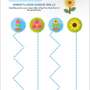 Puede incluir: Una hoja de trabajo blanca con el texto "SPRING FLOWER SCISSOR SKILLS" e instrucciones. Presenta cuatro ilustraciones de flores coloridas con l&iacute;neas punteadas para practicar el corte. Incluye un girasol y otras flores de primavera.