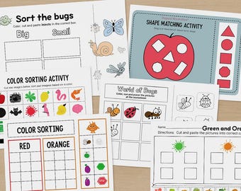 May include: Educational worksheets for children featuring various activities. Includes a "Sort the Bugs" activity, a "Shape Matching Activity" with a red apple, and a "Color Sorting Activity" with red and orange sections. Also includes a "World of Bugs" activity.