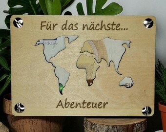 Regalo de viaje: Mapa del mundo de madera. Para la próxima aventura. Regalo para vacaciones, bodas, cumpleaños y amantes de los viajes.