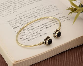 Brass Cuff Bracelet with Black Onyx – Adjustable Boho Bangle, Handmade Tribal Jewelry, Healing Stone Gift for Women, Unique Cuff Design