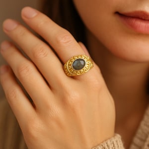 Handmade Labradorite Ring: Vintage Brass Boho Statement Jewelry