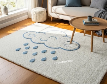 Handgetufteter Regenwolkenteppich: Blaue Tropfen, modernes Kinderzimmer Dekor, 2,7x3,0m