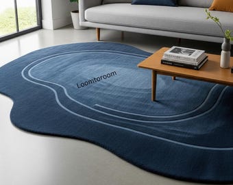 Organic Shape Water Ripple Rug | Deep Ocean Blue Abstract Carpet