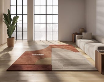 Moderner Terrakotta-beiger Geometrischer Teppich für Wohnzimmer | Handgetufteter strukturierter Teppich