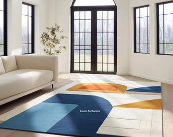Modern Geometric Blue Yellow Area Rug for Living Room | Contemporary Abstract Pattern Carpet | Soft Minimalist Home Decor Floor Rug