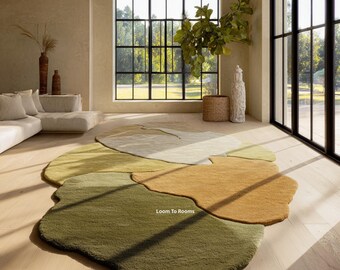 Handgemachter Bio-Teppich in Blattform | Grün & Senffarbener Natur Teppich | Getufteter mehrschichtiger Teppich