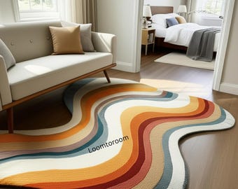 Colorful Geometric Wool Rug, Modern Mid-Century Style, Hand-Tufted