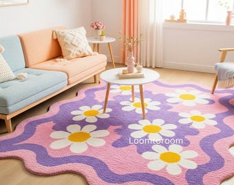 Handgetufteter Daisy Flower Rug | Groovy Retro gewellte Blumen Bodenmatte