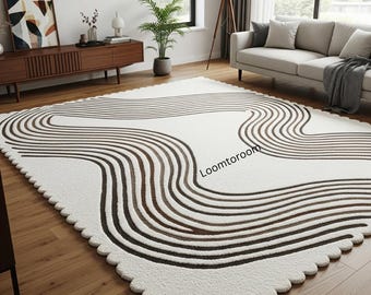 Hand-Tufted Wavy Lines Area Rug, Modern Abstract Cream and Brown Carpet