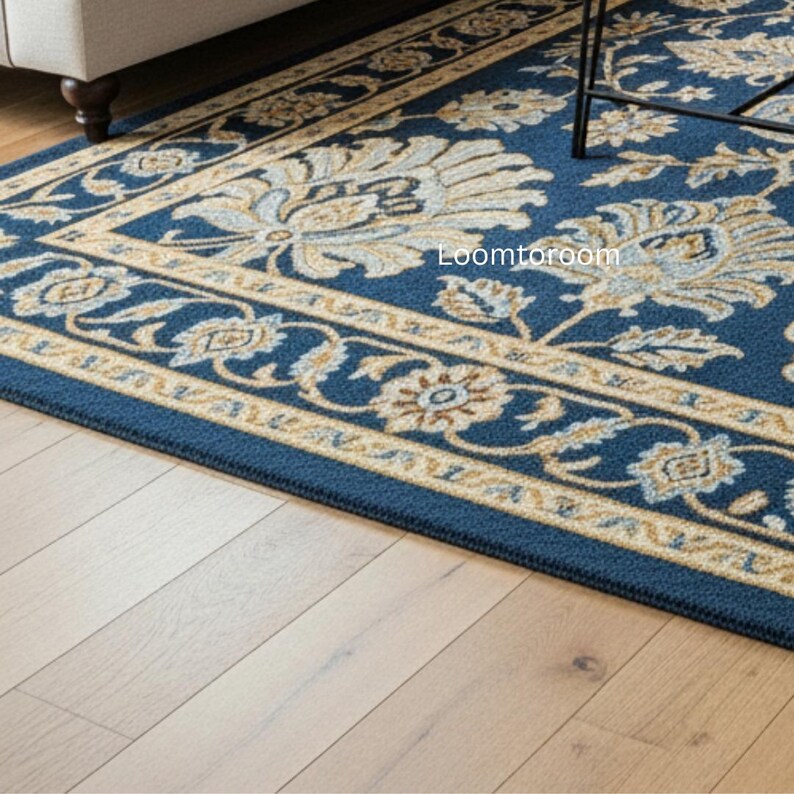 Hand-tufted Wool Area Rug | Navy Blue & Gold Persian Style, 9x12 5x8 ...