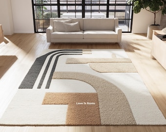 Handgetufteter Wollteppich, Abstraktes Geometrisches Design, Beige Creme, 200x300