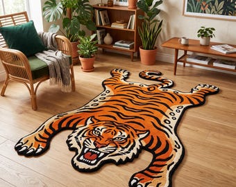 Handgeknüpfter, getufteter Tigerteppich, Tier-Bodendekoration, orangefarbener Akzent, maximalistisches Interieur