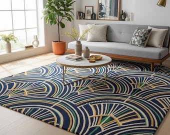 Marineblauer Art Deco Wollteppich | Abstraktes Fächermuster, handgetuftet, luxuriöse Schlafzimmermatte