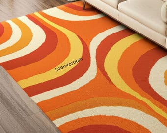 Mid Century Modern Orange Yellow Swirl Carpet | Groovy Retro Wool Blend Floor Mat