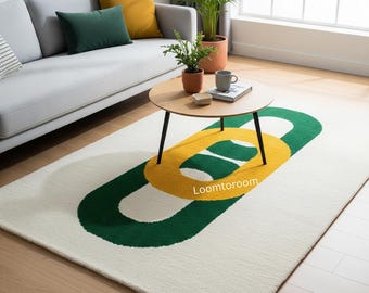 Geometrischer Teppich - Grün und Gelbes Kettenglied-Design - Moderner Teppich aus der Mitte des Jahrhunderts