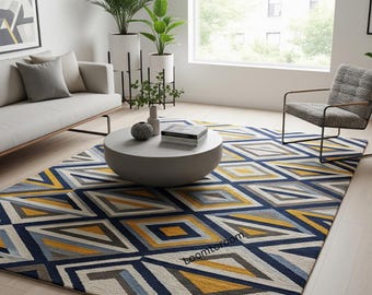 Geometrischer Rauten Wollteppich | Handgetufteter Teppich in Marineblau, Gelb und Grau, Mitte des Jahrhunderts modern geometrisch getuftet