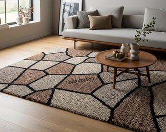 Handgetufteter Wollteppich | Geometrische Braun Beige Abstrakte Teppich, Mid Century Modern