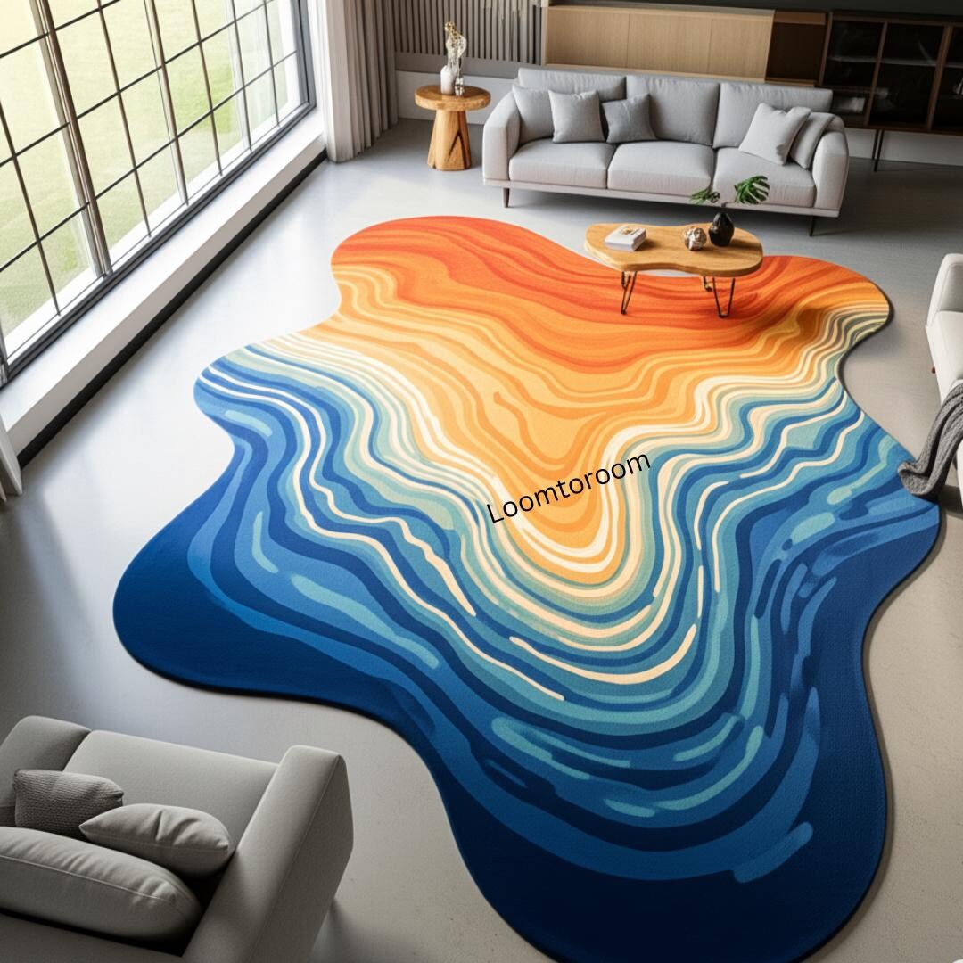Abstract Topography Rug, Modern Organic Shape Rug, Orange and Blue Area ...