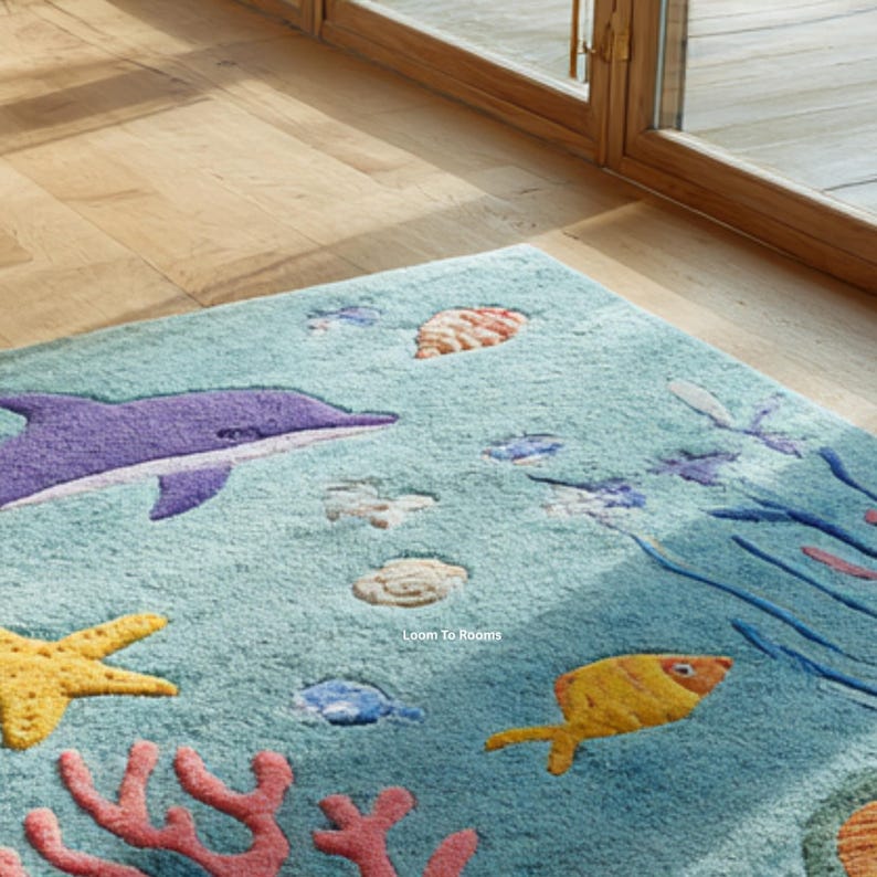 Puede incluir: Una alfombra rectangular azul claro con un tema submarino. La alfombra presenta un delf&iacute;n morado, estrellas de mar amarillas, peces naranjas y coral. Tambi&eacute;n se representan otras criaturas marinas y conchas. La alfombra est&aacute; hecha de un material suave y texturizado.
