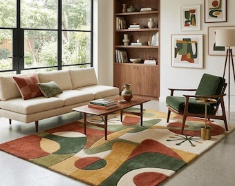 Handgetufteter abstrakter Wollteppich, geometrischer Wohnzimmerteppich im Mid-Century-Stil