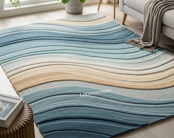 Handgeschnitzter gewellter Teppich: Blau Beige Ombre Küstenmuster (Spezialanfertigung)