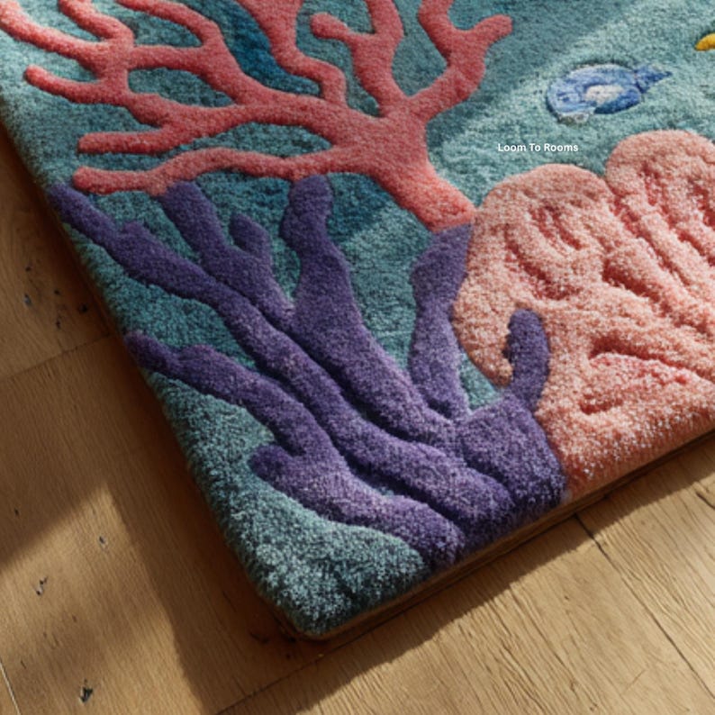 Puede incluir: Una colorida alfombra con un dise&ntilde;o de arrecife de coral. La alfombra presenta corales en tonos rosa y morado sobre un fondo turquesa. Tambi&eacute;n se ve un peque&ntilde;o pez azul. La alfombra est&aacute; colocada sobre un suelo de madera.