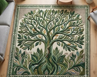 Handgeknüpfter, getufteter Teppich mit Baummotiv, botanisches Dekor, grüner Teppich, naturinspirierter Akzent