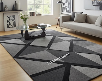 Alfombra geométrica / Mezcla de lana tejida a mano, alfombra moderna negra y gris
