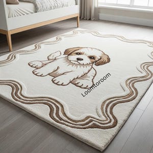 Cute Puppy Dog Rug, Nursery Room Decor | Shaggy Pet Lover Mat | Washable Playroom Area Rug | Fluffy and Soft Bedroom Rug | Baby Shower Gift