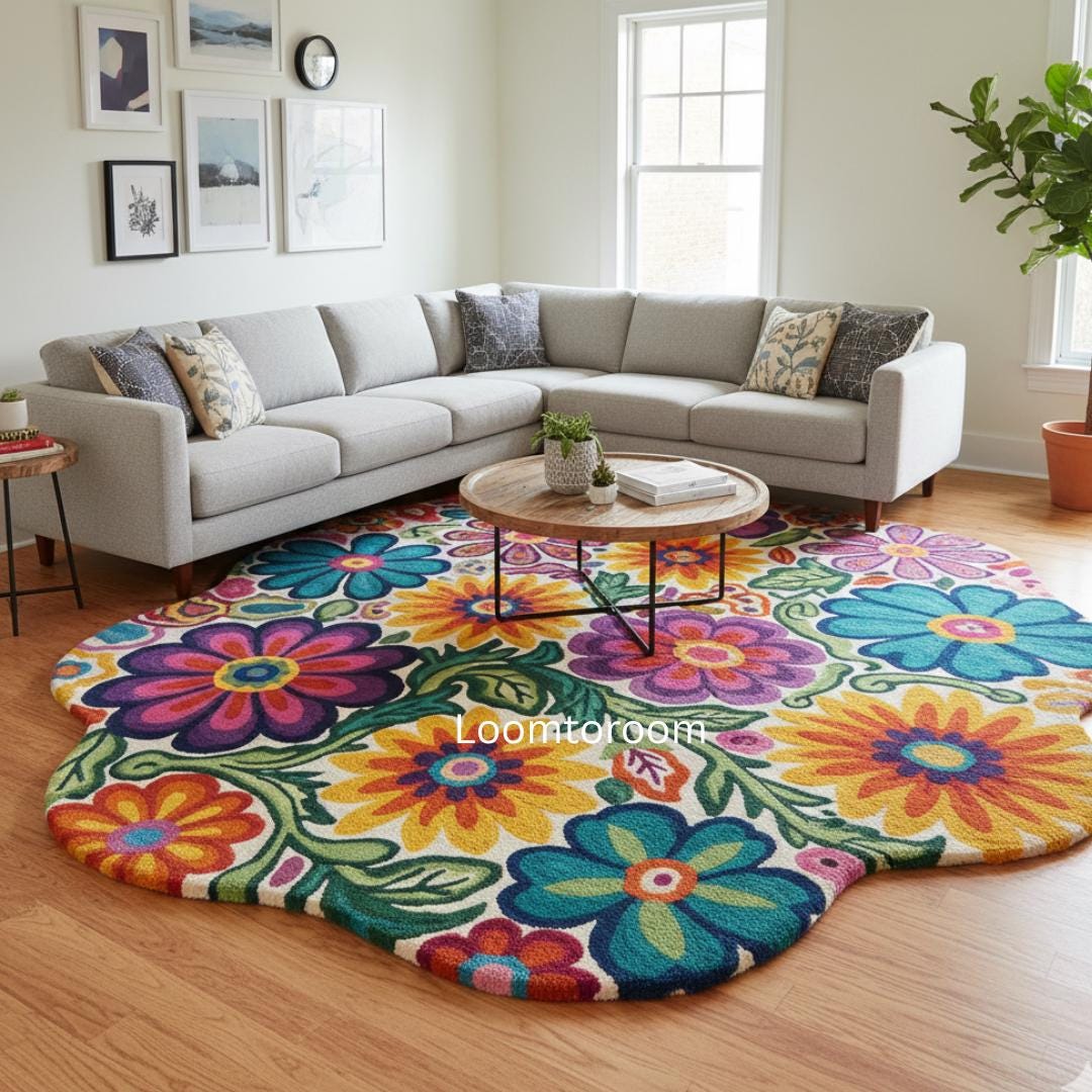 Colorful Folded Rug Hand-tufted Wool Floral Rug | Funky Colorful Flower Area Rug - Etsy