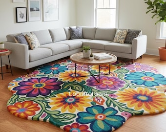 Hand-Tufted Wool Floral Rug | Funky Colorful Flower Area Rug