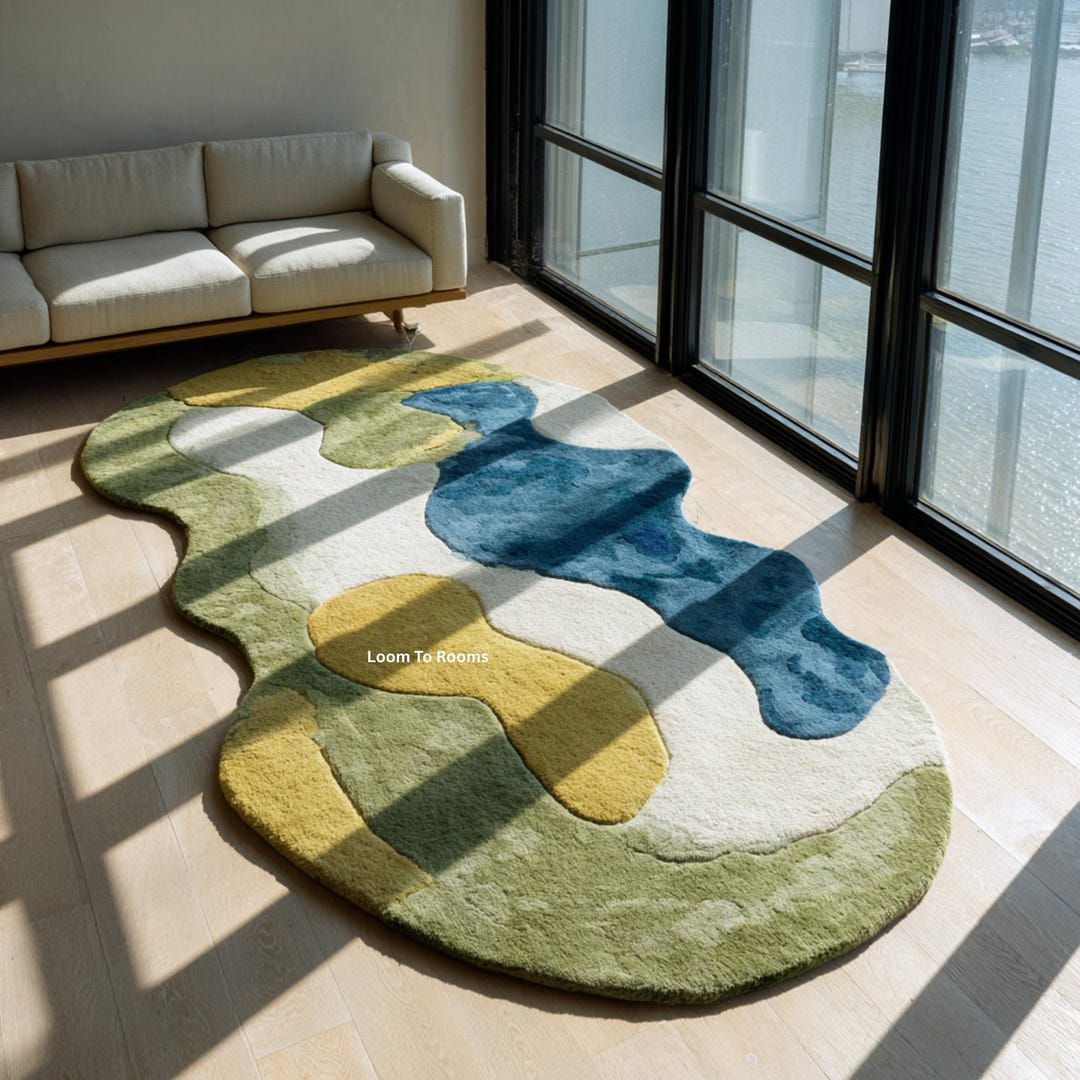 Organic Shape Wool Rug | Sage Green & Blue Abstract Area Rug for Living ...