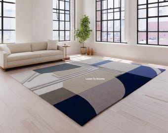 Modern Blue, Grey Geometric Area Rug | Abstract Contemporary Carpet for Living Room & Large Spaces